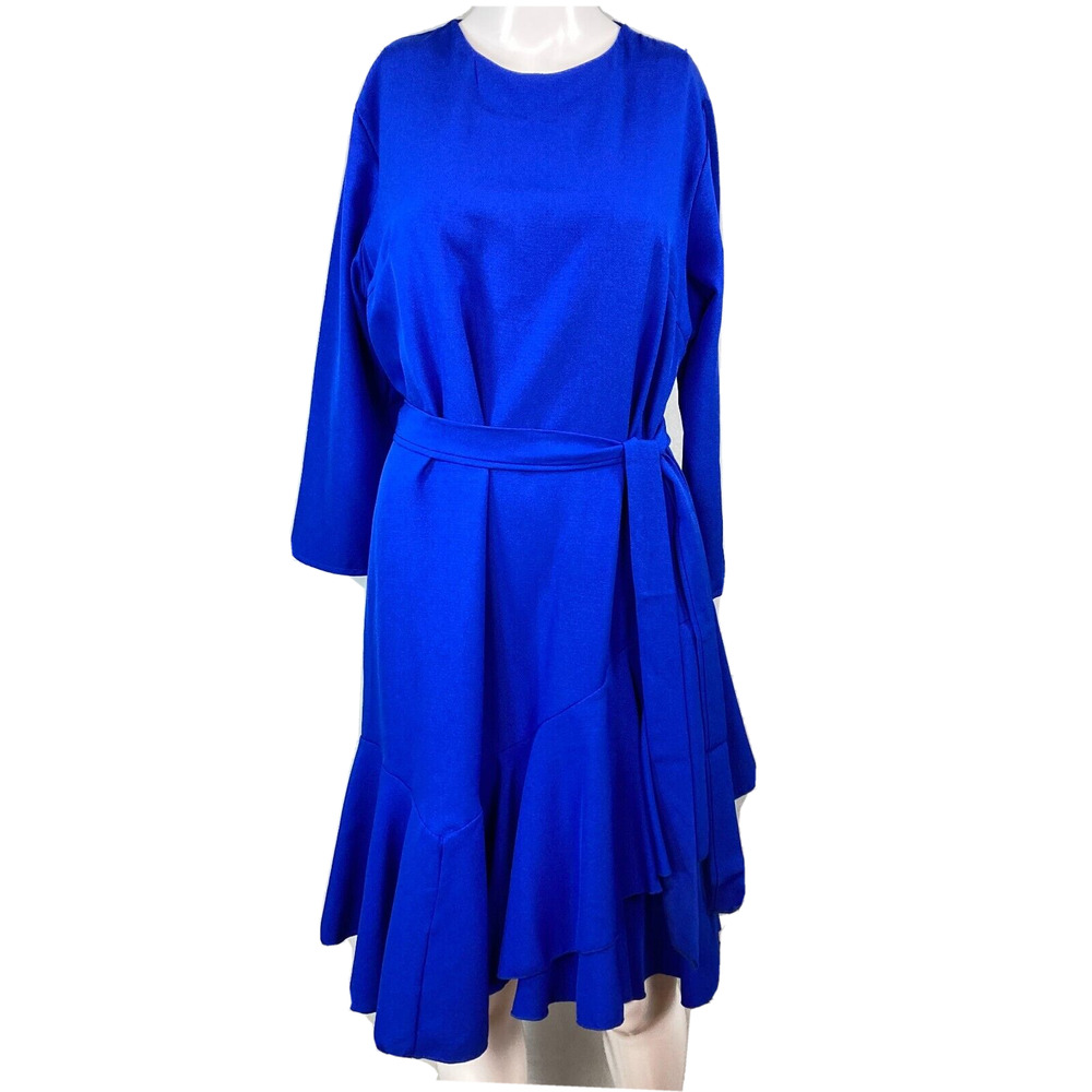 NWT Carole Christian Dress‎ Womens Sz L Royal Blue 3/4 Sleeve Ruffle A Line Belt